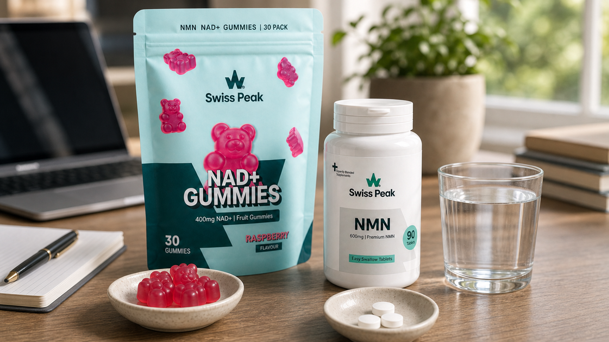 NAD+ supplement comparison showing a tub of gummies and a bottle of tablets on a clean UK-made product backdrop.