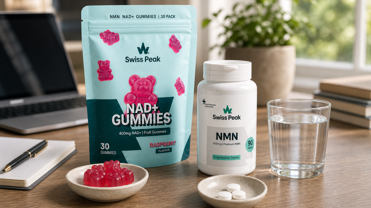 NAD+ supplement comparison showing a tub of gummies and a bottle of tablets on a clean UK-made product backdrop.