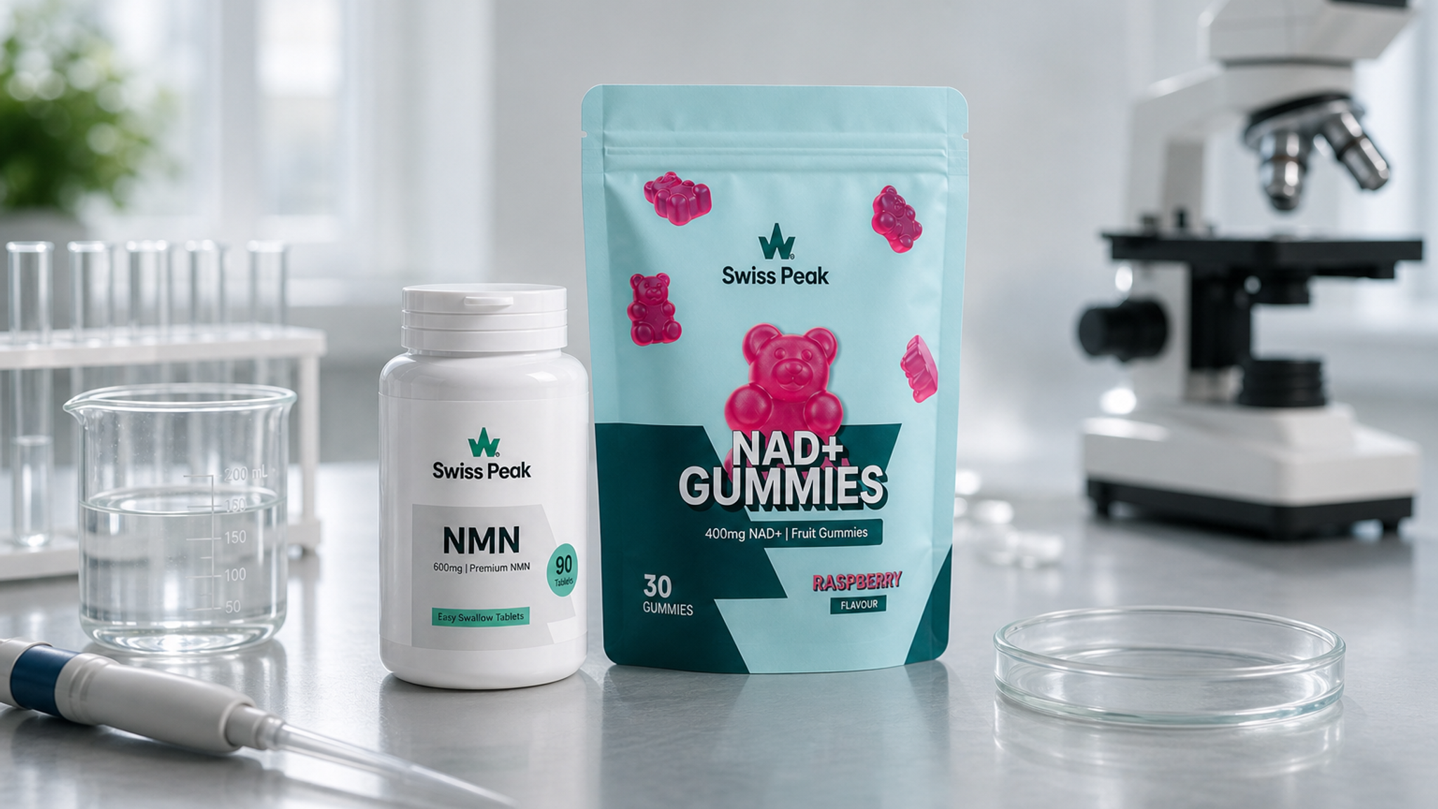 Close-up of UK-made NMN/NAD+ tablets, gummies and capsules arranged neatly beside a GP-style notebook and a glass of water.