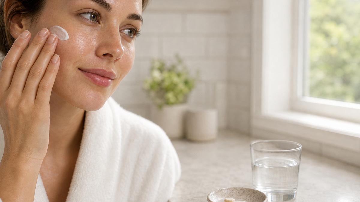 Marine collagen tablets, collagen gummies and a collagen face cream arranged on a bathroom counter with a glass of water, ready for a morning routine.