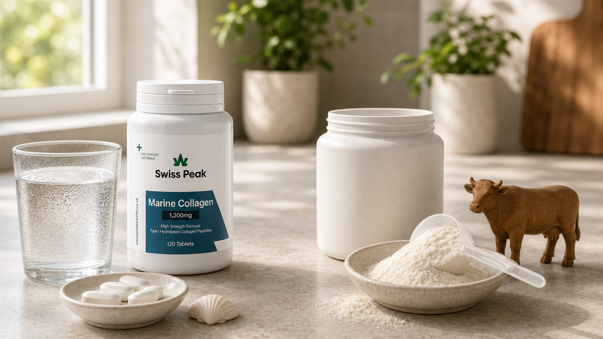 Marine collagen tablets and strawberry-flavoured collagen gummies on a clean ceramic tray, with a simple comparison card labelled Marine vs Bovine Collagen.