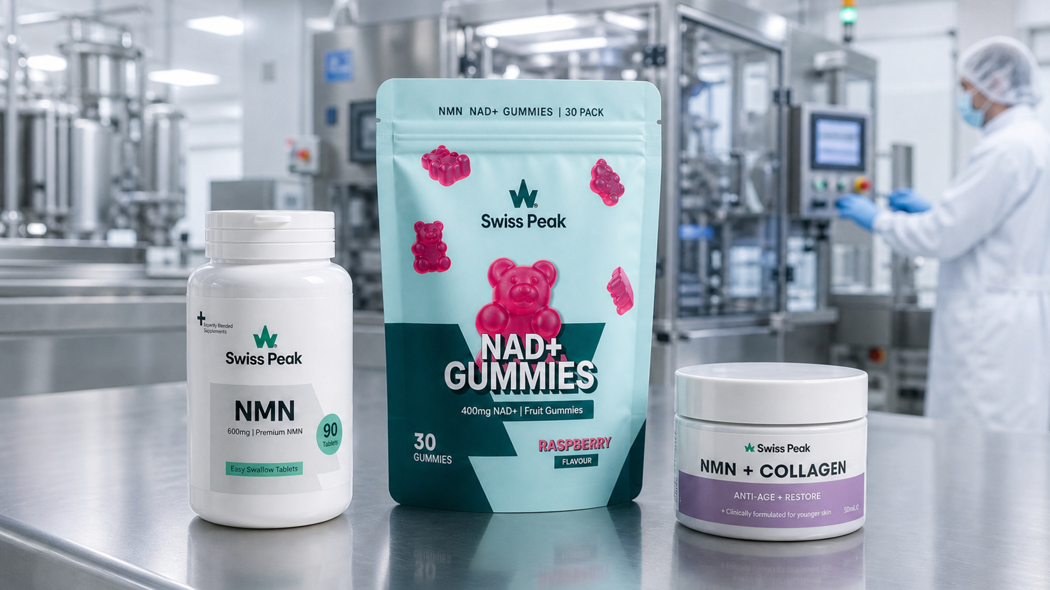 Close-up of a UK-made NMN tablet bottle, NAD+ gummies tub and an NR capsule pack beside a simple quality checklist and magnifying glass.