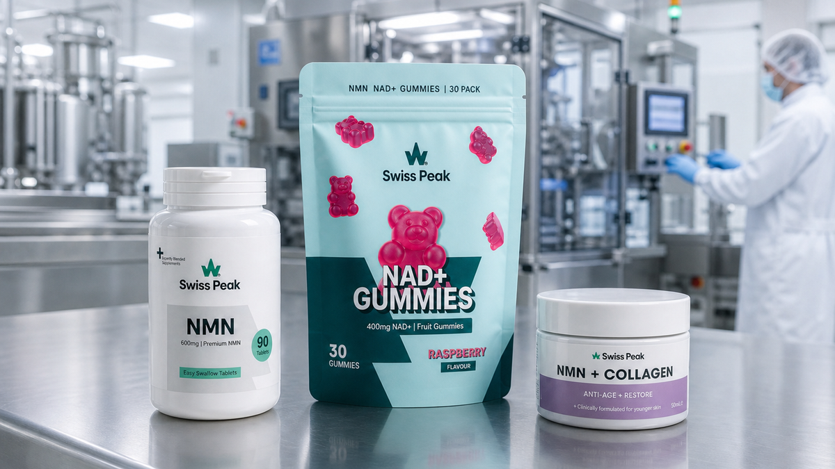 Close-up of a UK-made NMN tablet bottle, NAD+ gummies tub and an NR capsule pack beside a simple quality checklist and magnifying glass.