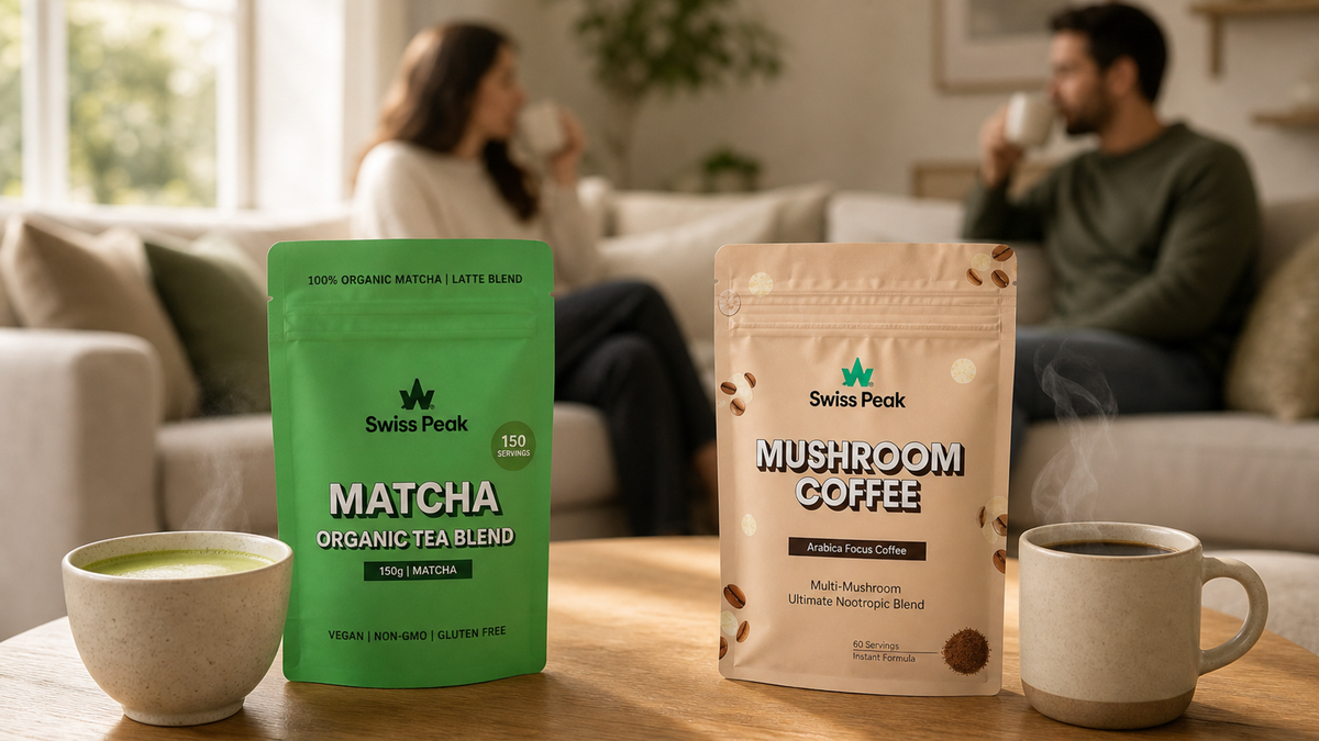 Side-by-side flat lay of a whisked matcha latte and a freshly brewed coffee cup to illustrate the choice between matcha and coffee for everyday energy.