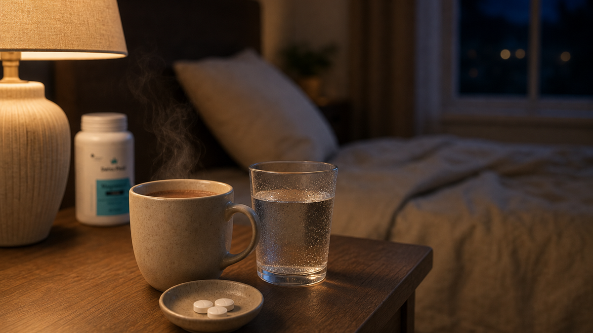A cosy UK bedroom with a bedside table set for the evening: a steaming cacao, water glass and a small pill case for magnesium.