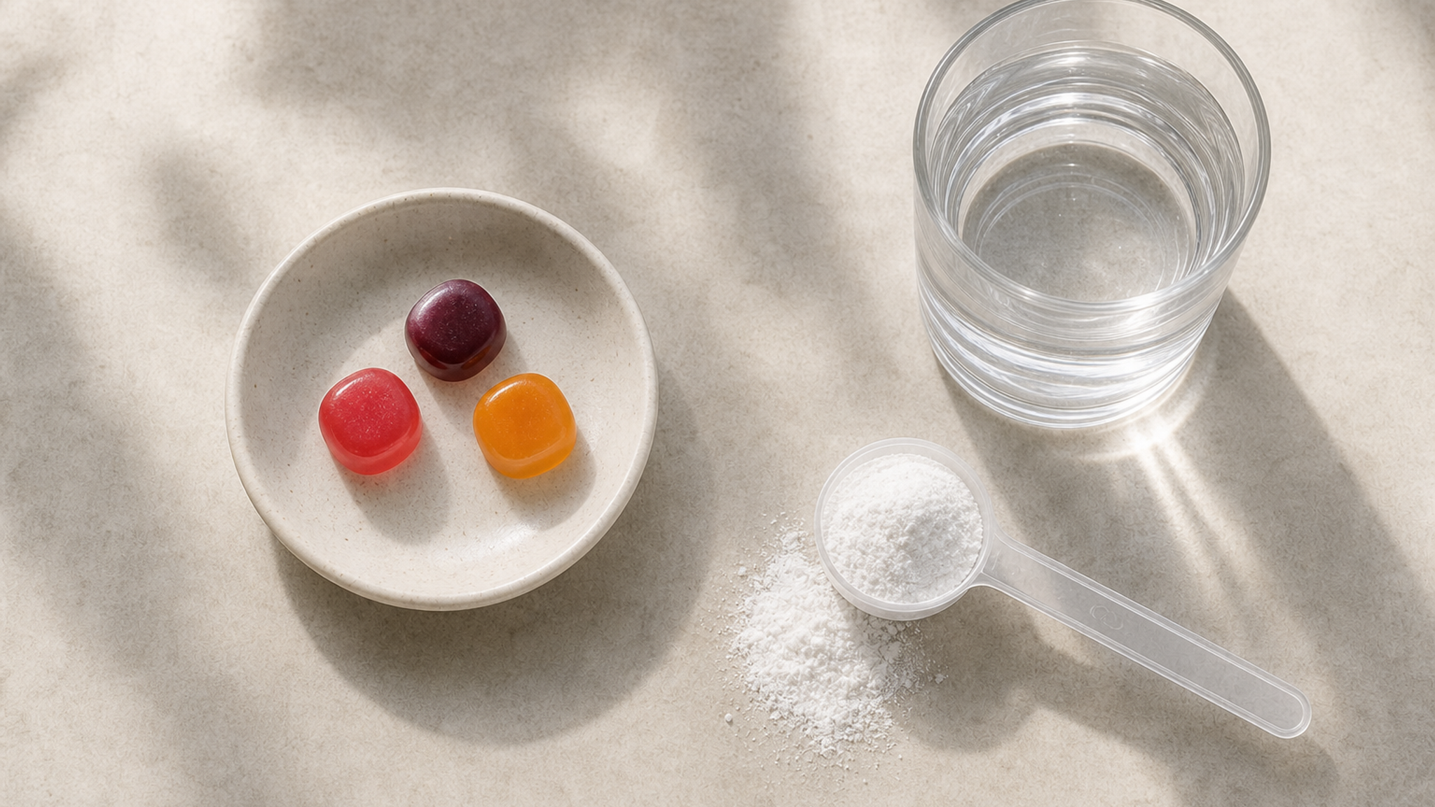 Creatine powder measured in a scoop beside several fruit‑flavoured gummies, showing the two formats side by side.
