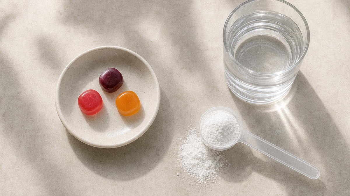 Creatine powder measured in a scoop beside several fruit‑flavoured gummies, showing the two formats side by side.