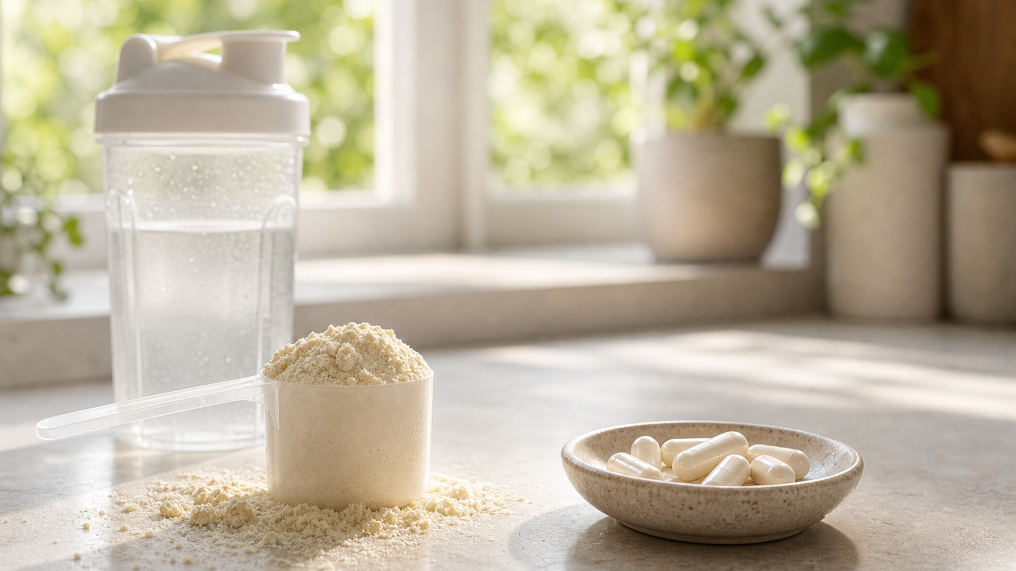 A practical comparison scene showing collagen tablets, collagen gummies and a scoop of protein powder beside a shaker bottle.