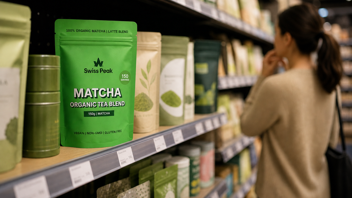 A spoonful of bright green matcha powder beside a bamboo whisk and a steaming matcha latte on a kitchen counter.