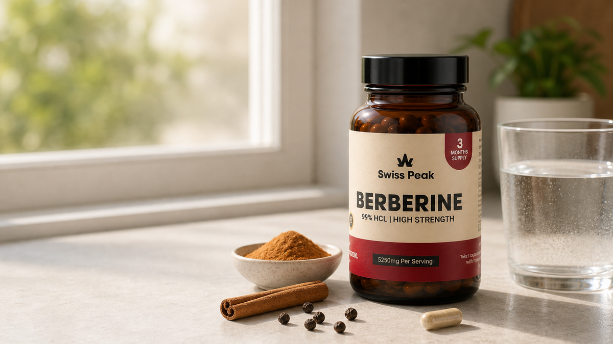 Swiss Peak Berberine 5250 mg bottle and capsules next to Ceylon cinnamon and black pepper on a light surface, styled for a UK supplement guide.