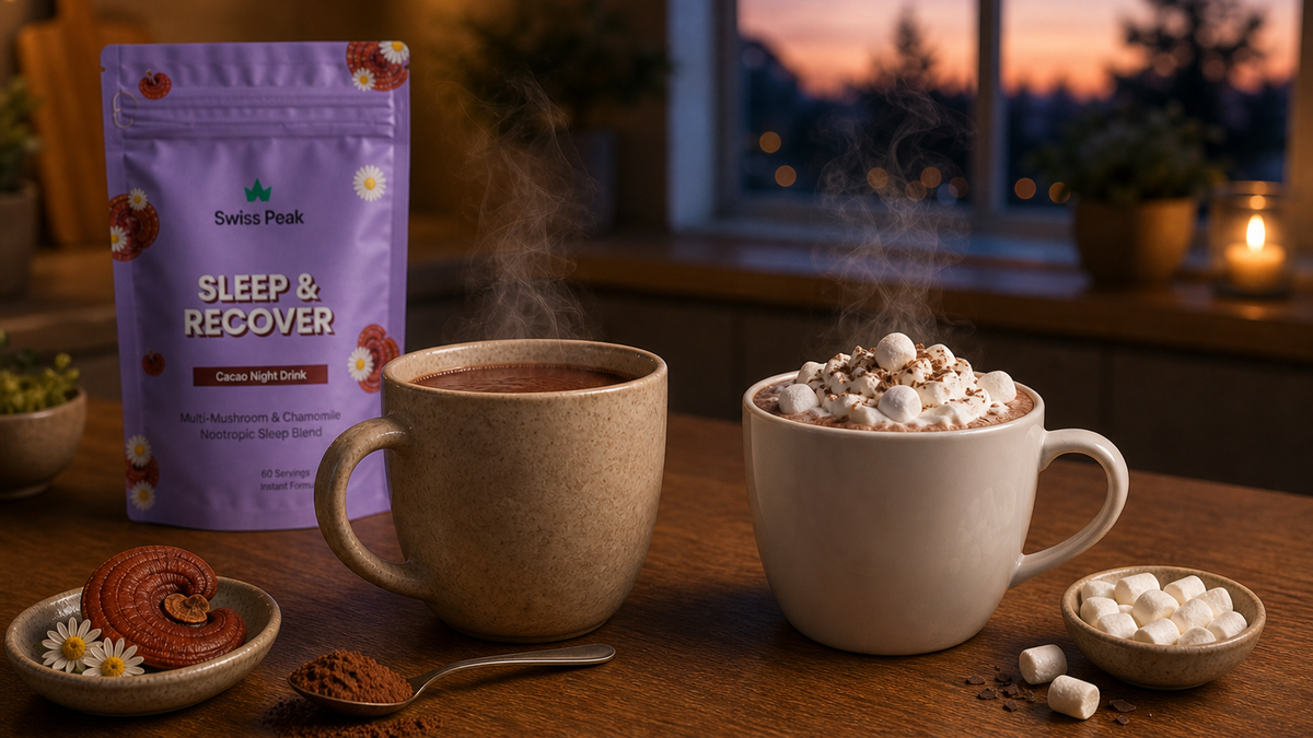 Side-by-side mugs on a wooden table: one filled with mushroom cacao beside reishi and cacao nibs, the other a classic hot chocolate with milk foam and cocoa dusting.