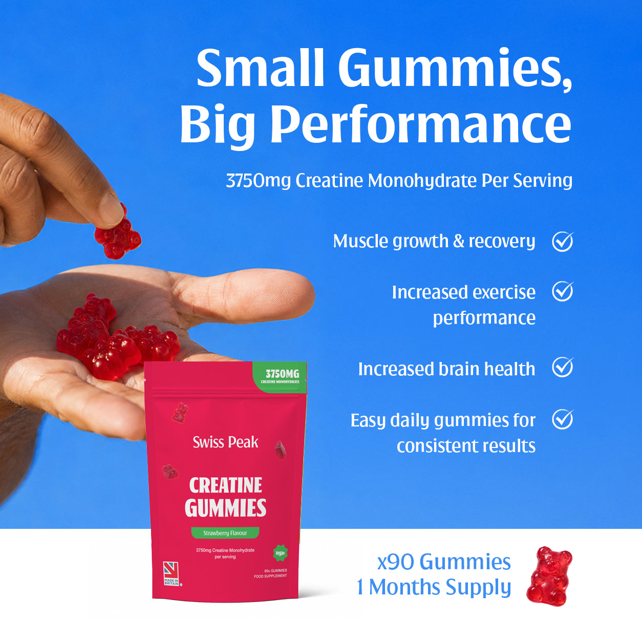 Creatine Gummies 3750mg Creatine Monohydrate Strawberry Flavour 90 Vegan Gummies