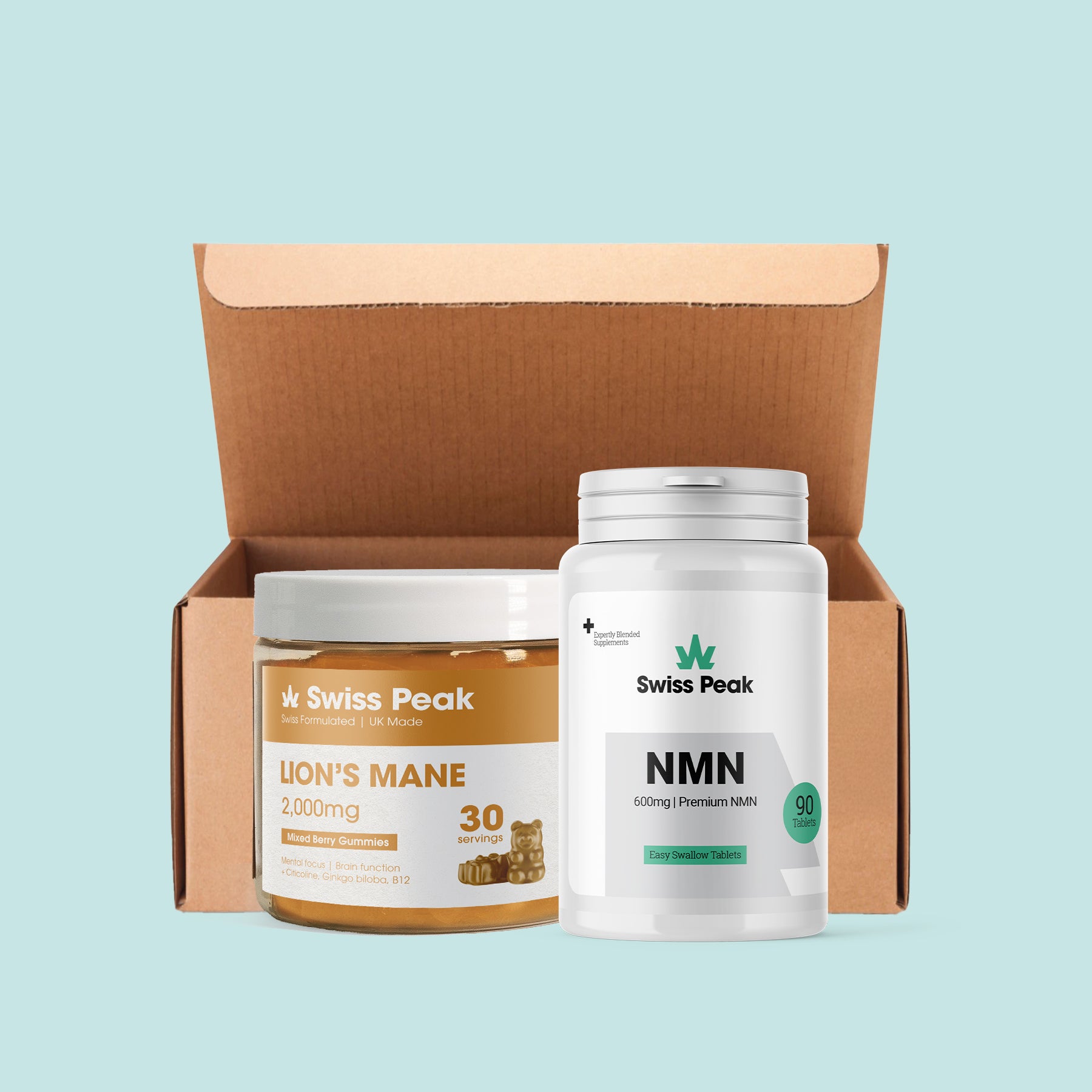 Lion's Mane Gummies and NMN Tablets in bundle offer ox from Swiss Peak