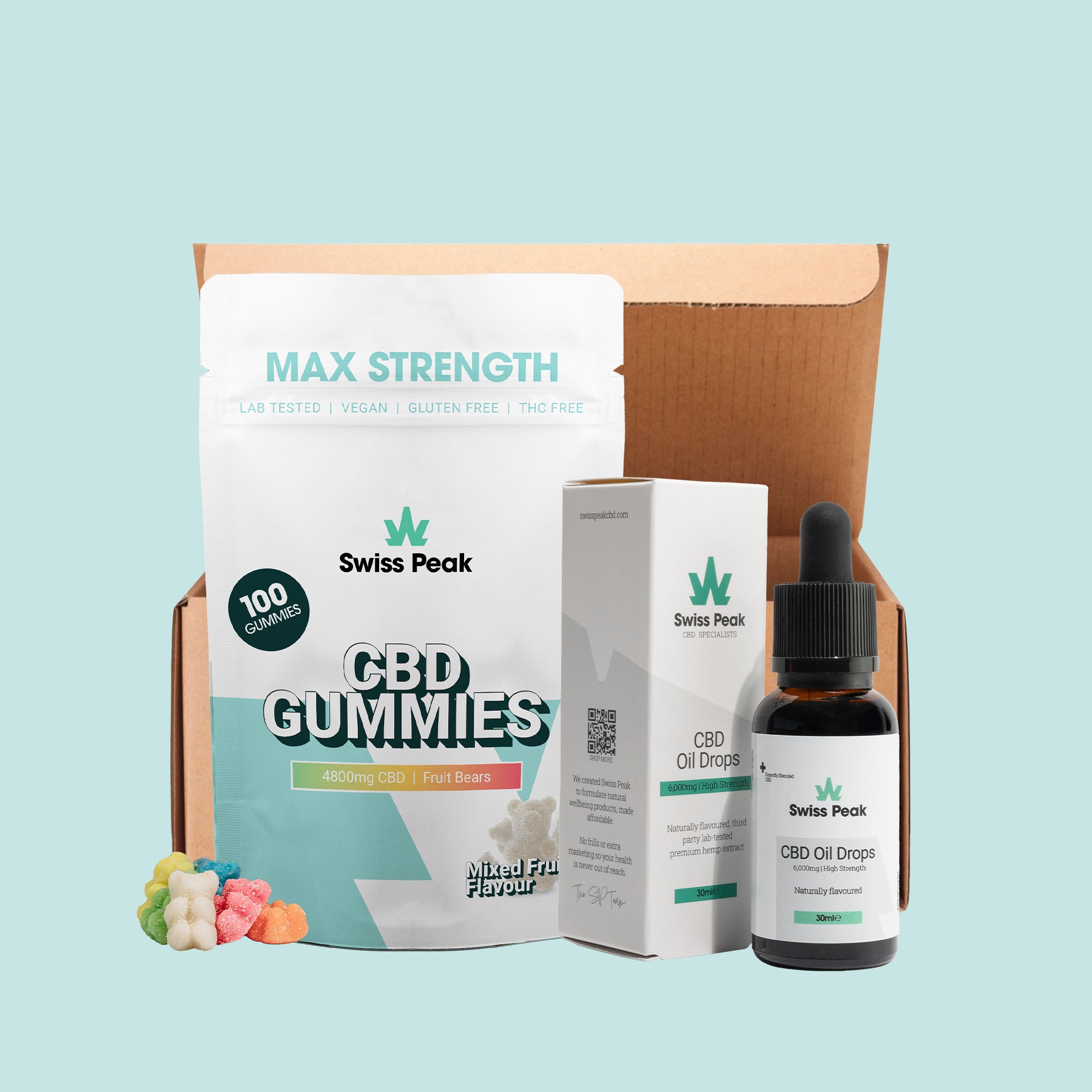 Swiss Peak Health High Strnegth CBD Bundle containing CBD Oil and CBD Gummy Bears