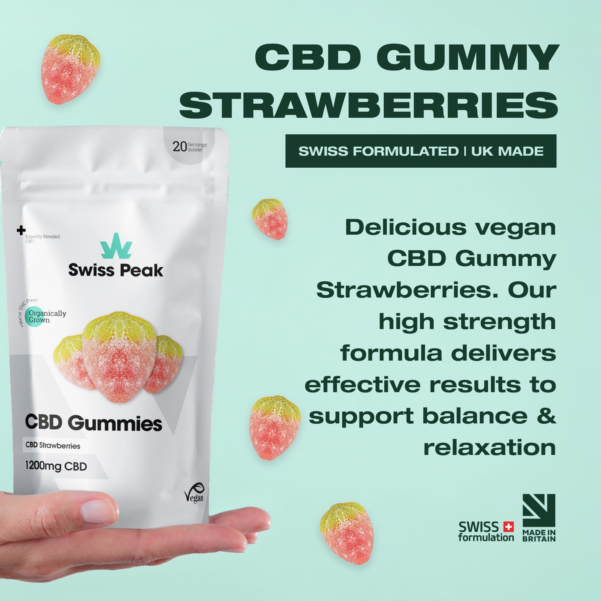 CBD Gummy Strawberries - 1200mg CBD | 20 Gummies - Swiss Peak