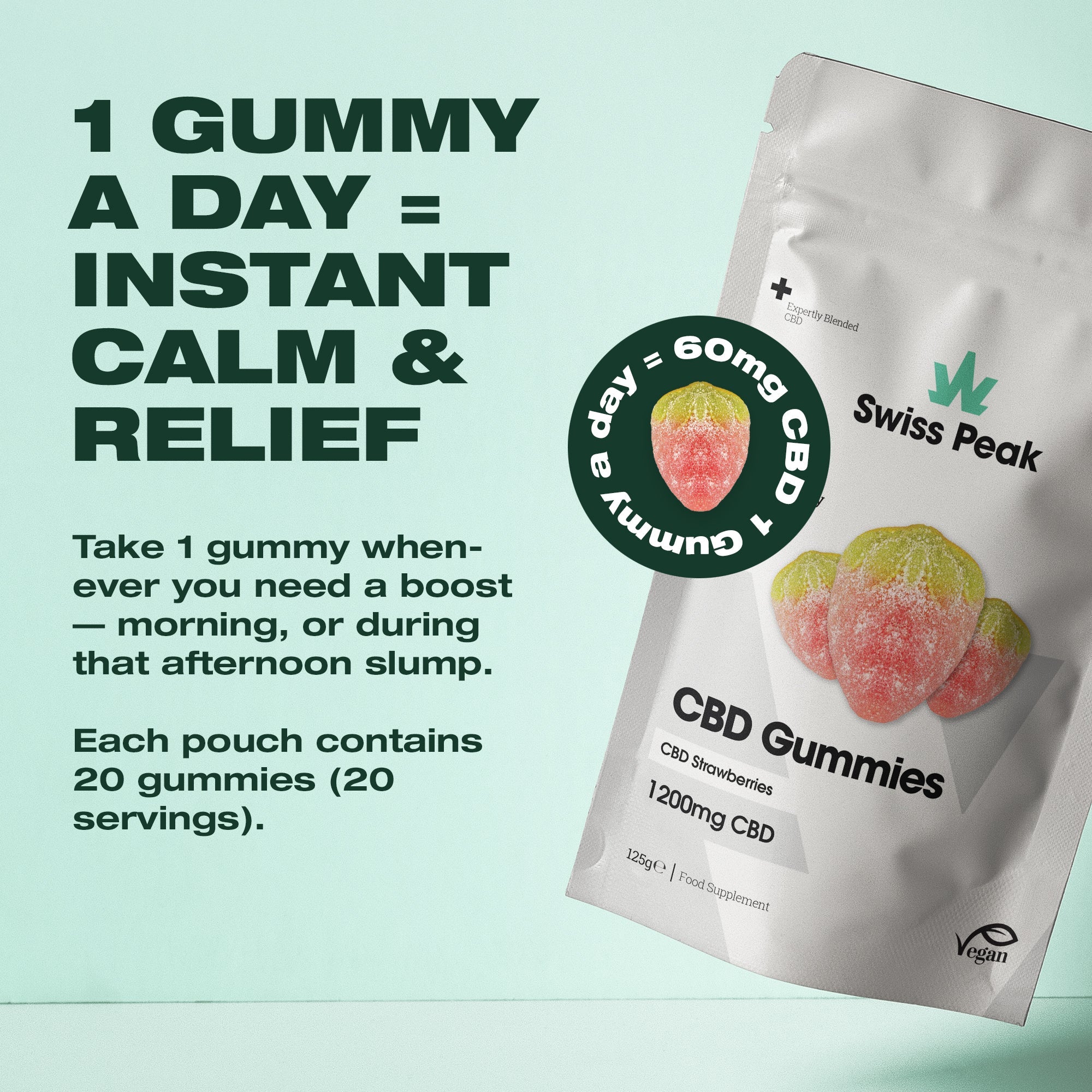 CBD Gummy Strawberries - 1200mg CBD | 20 Gummies - Swiss Peak