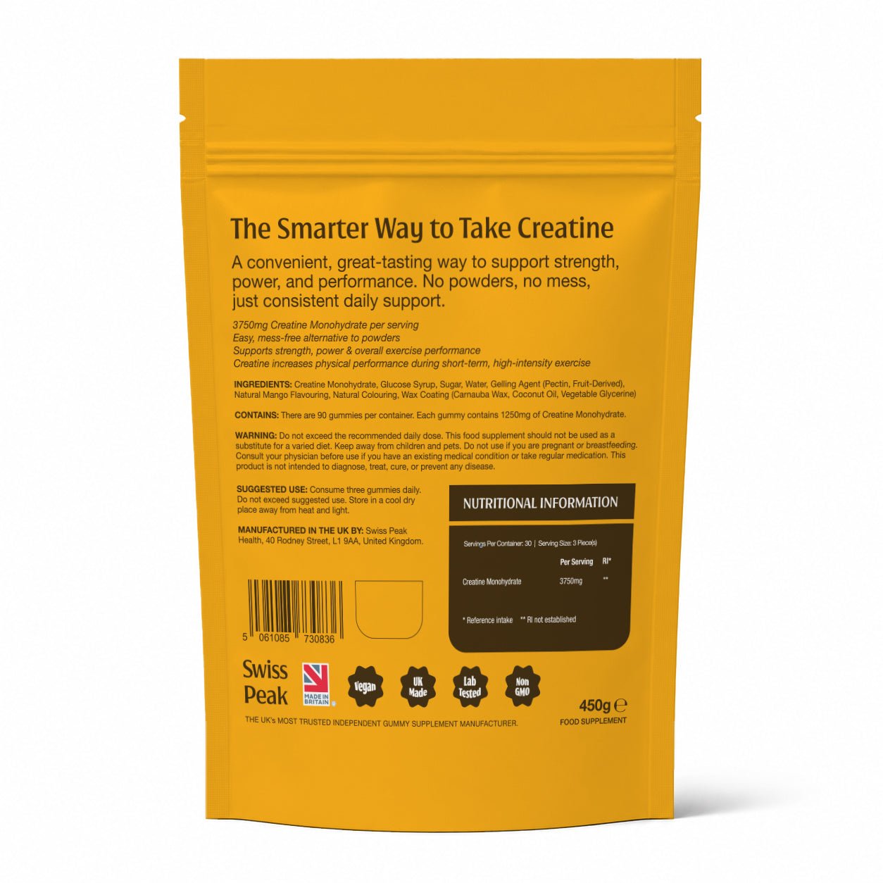 Creatine Gummies 3750mg Creatine Monohydrate Mango Flavour 90 Vegan Gummies - Swiss Peak