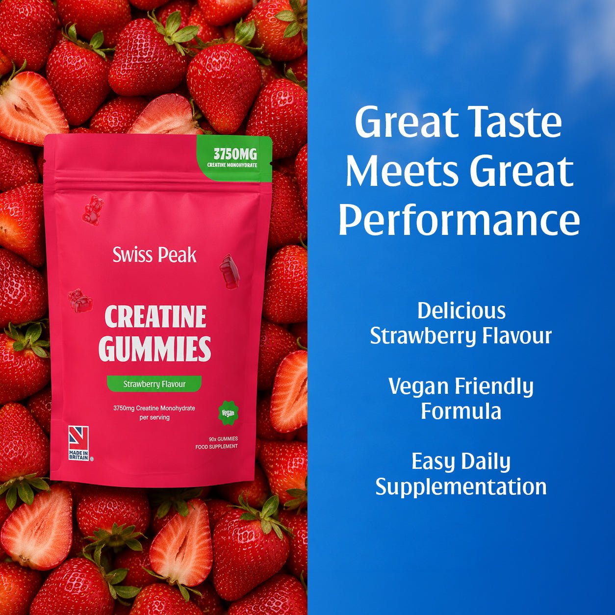 Creatine Gummies 3750mg Creatine Monohydrate Strawberry Flavour 90 Vegan Gummies - Swiss Peak