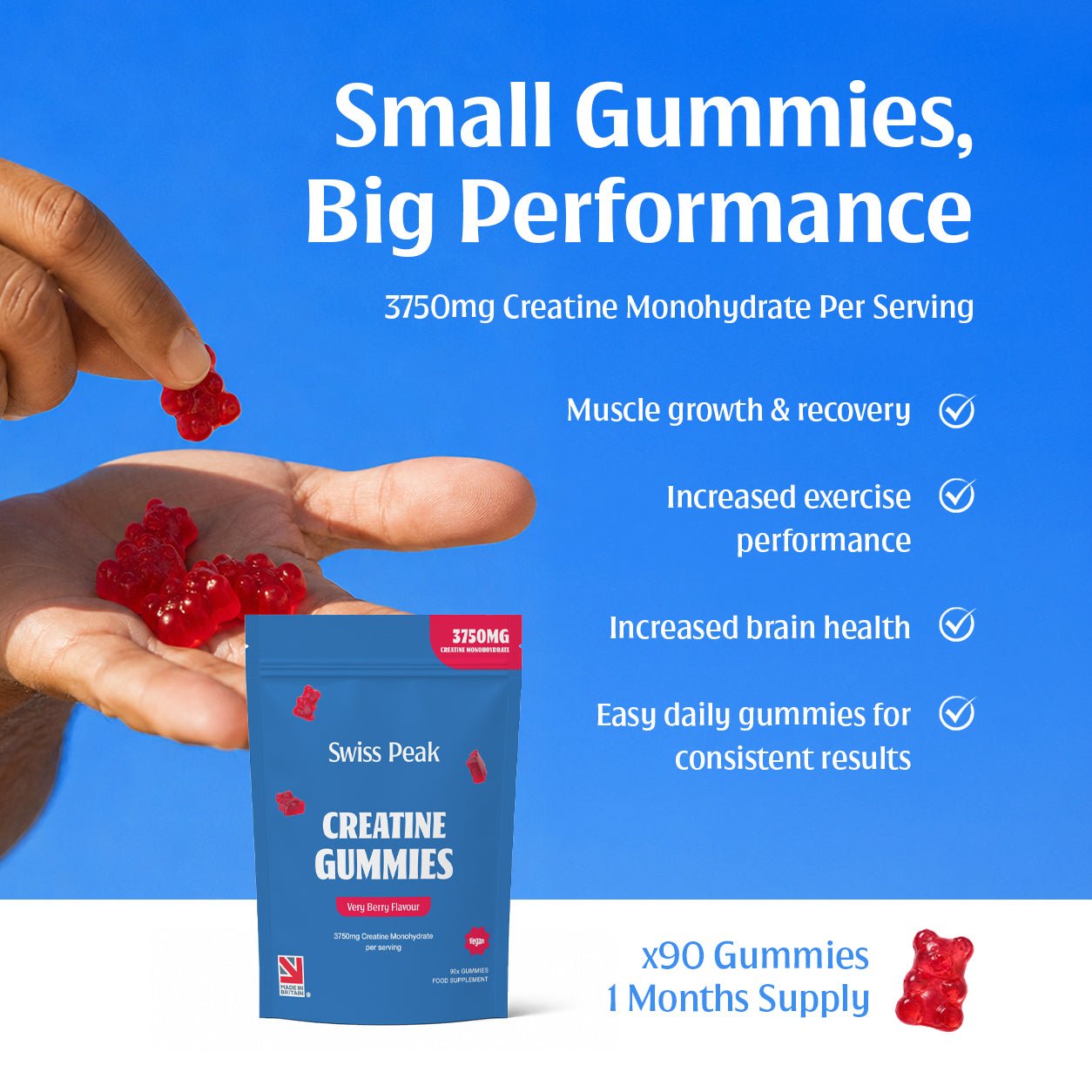Creatine Gummies 3750mg Creatine Monohydrate Very Berry Flavour 90 Vegan Gummies - Swiss Peak