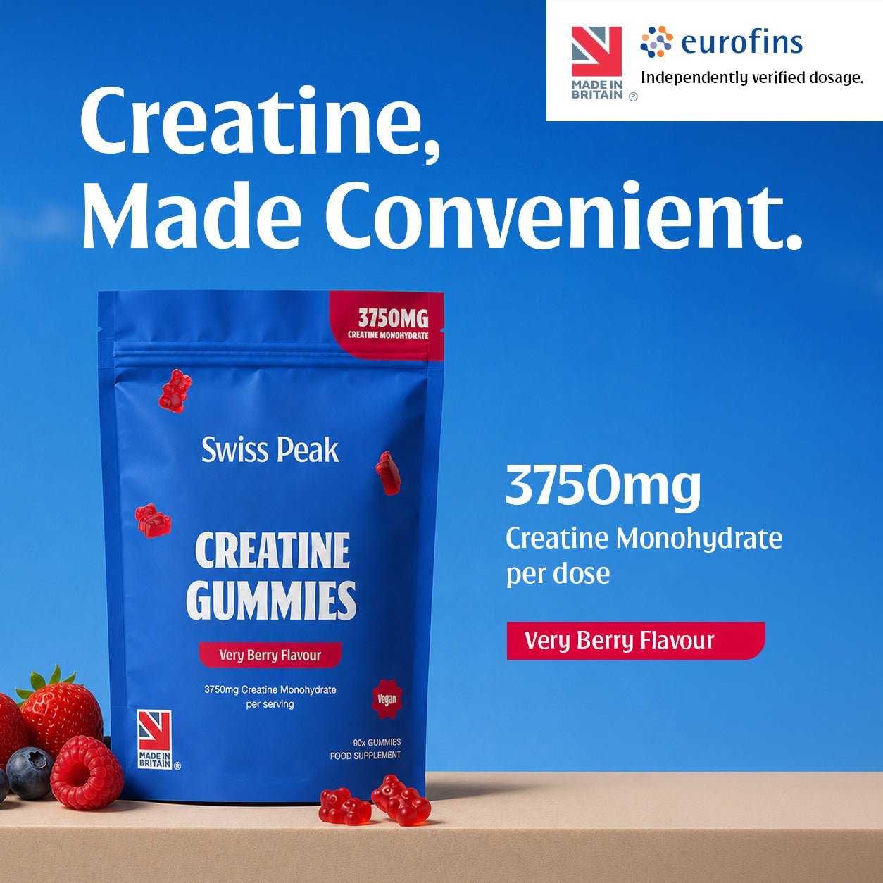 Creatine Gummies 3750mg Creatine Monohydrate Very Berry Flavour 90 Vegan Gummies - Swiss Peak