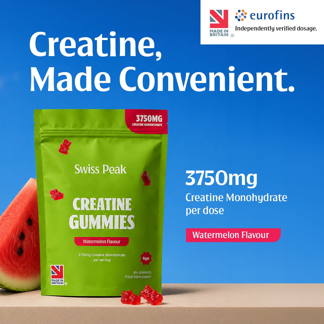 Creatine Gummies 3750mg Creatine Monohydrate Watermelon Flavour 90 Vegan Gummies - Swiss Peak