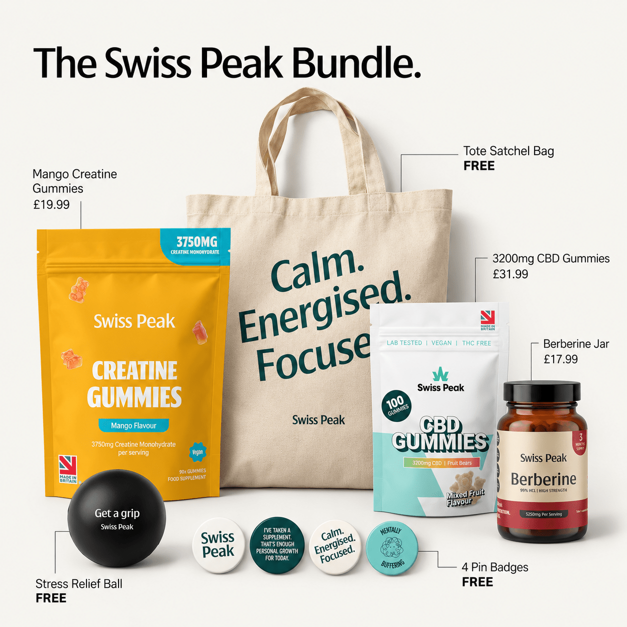Early Access Black Friday Exclusive Bundle. 3750mg Creatine Mango, 3200mg CBD Bears, 5250mg Berberine, Tote Bag, Stress Ball, 4 Badges - Swiss Peak CBD