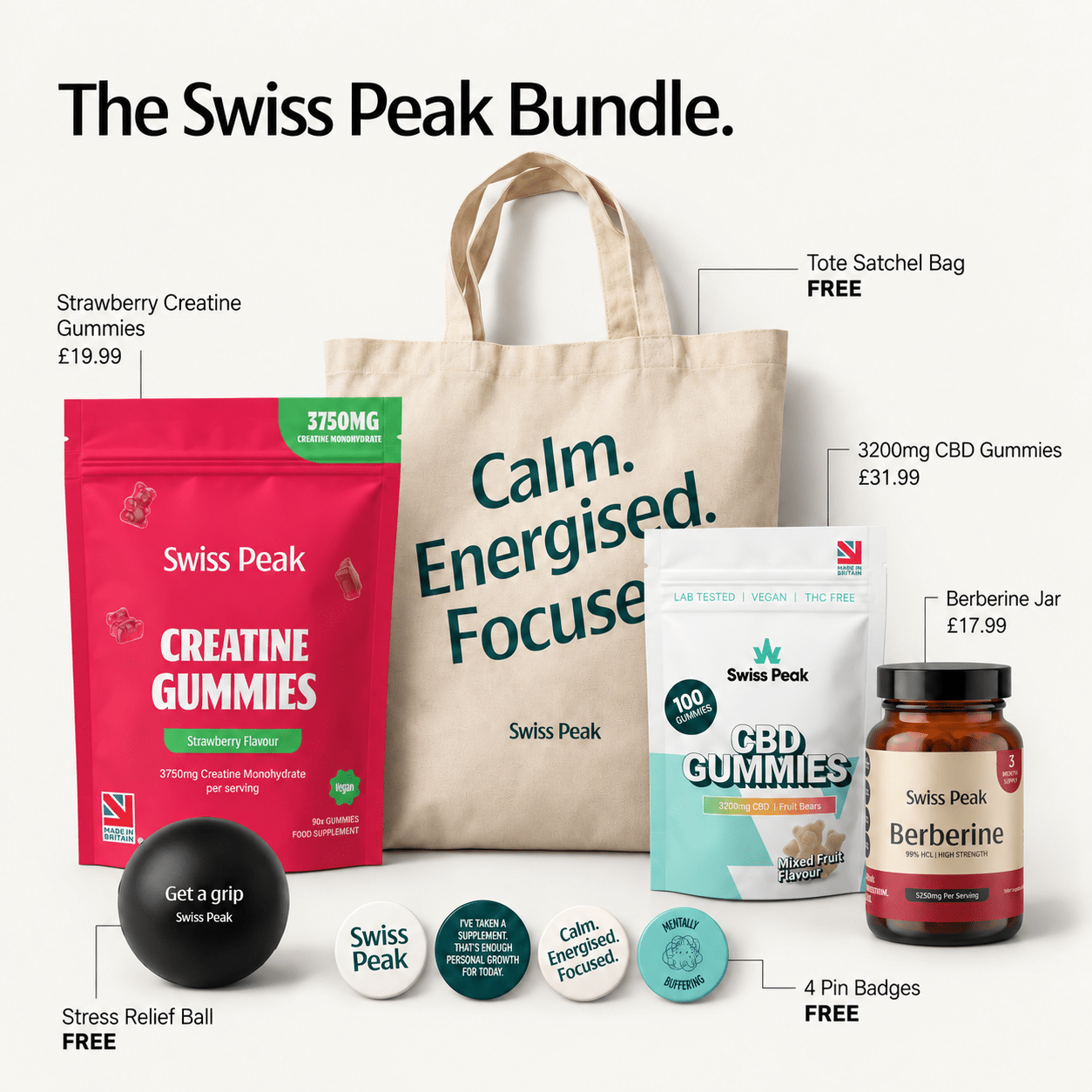 Early Access Black Friday Exclusive Bundle. 3750mg Creatine Strawberry, 3200mg CBD Bears, 5250mg Berberine, Tote Bag, Stress Ball, 4 Badges - Swiss Peak CBD
