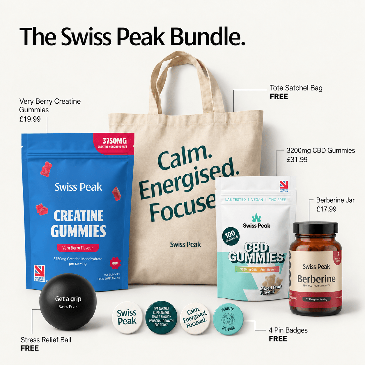 Early Access Black Friday Exclusive Bundle. 3750mg Creatine Verry Berry, 3200mg CBD Bears, 5250mg Berberine, Tote Bag, Stress Ball, 4 Badges - Swiss Peak CBD