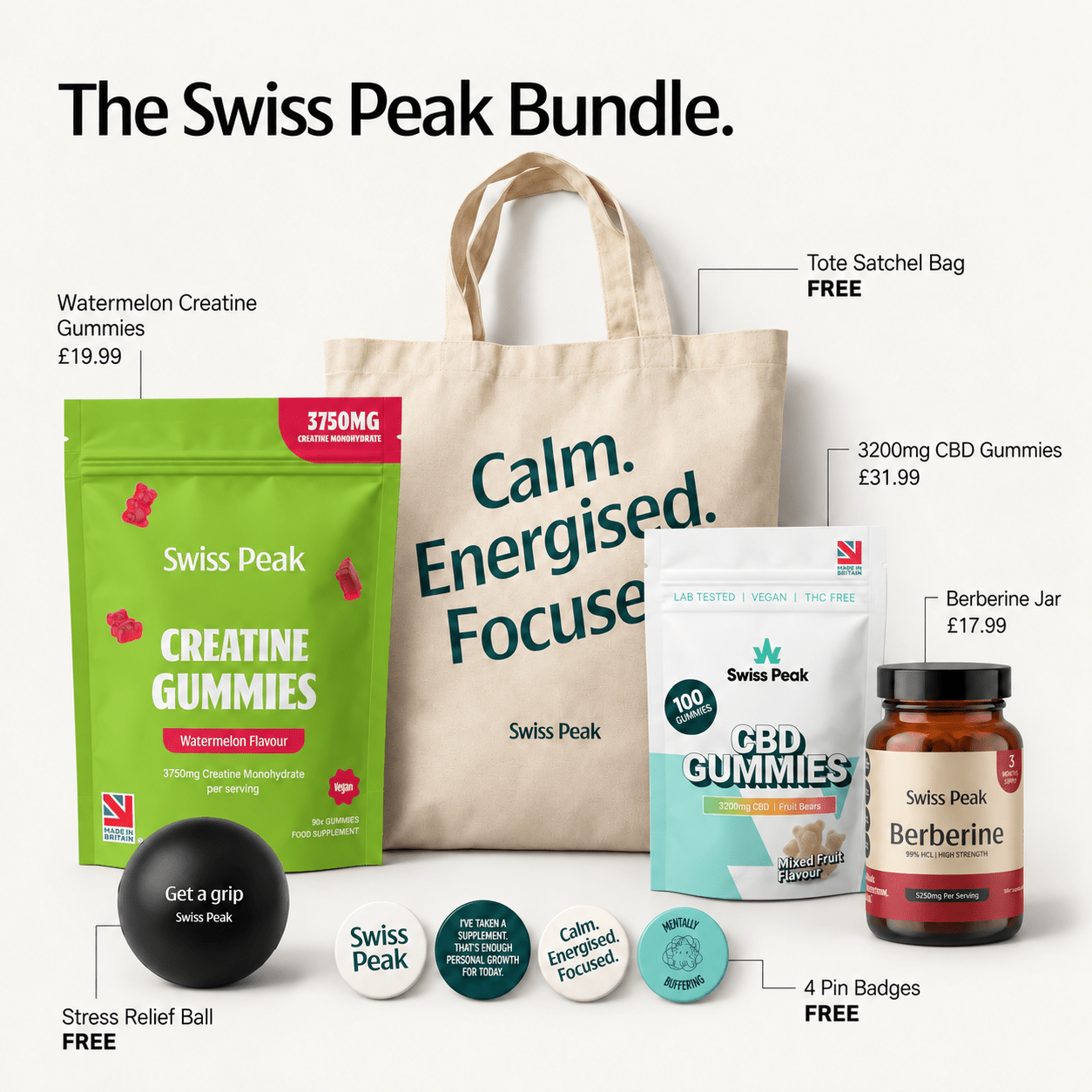 Early Access Black Friday Exclusive Bundle. 3750mg Creatine Watermelon, 3200mg CBD Bears, 5250mg Berberine, Tote Bag, Stress Ball, 4 Badges - Swiss Peak CBD