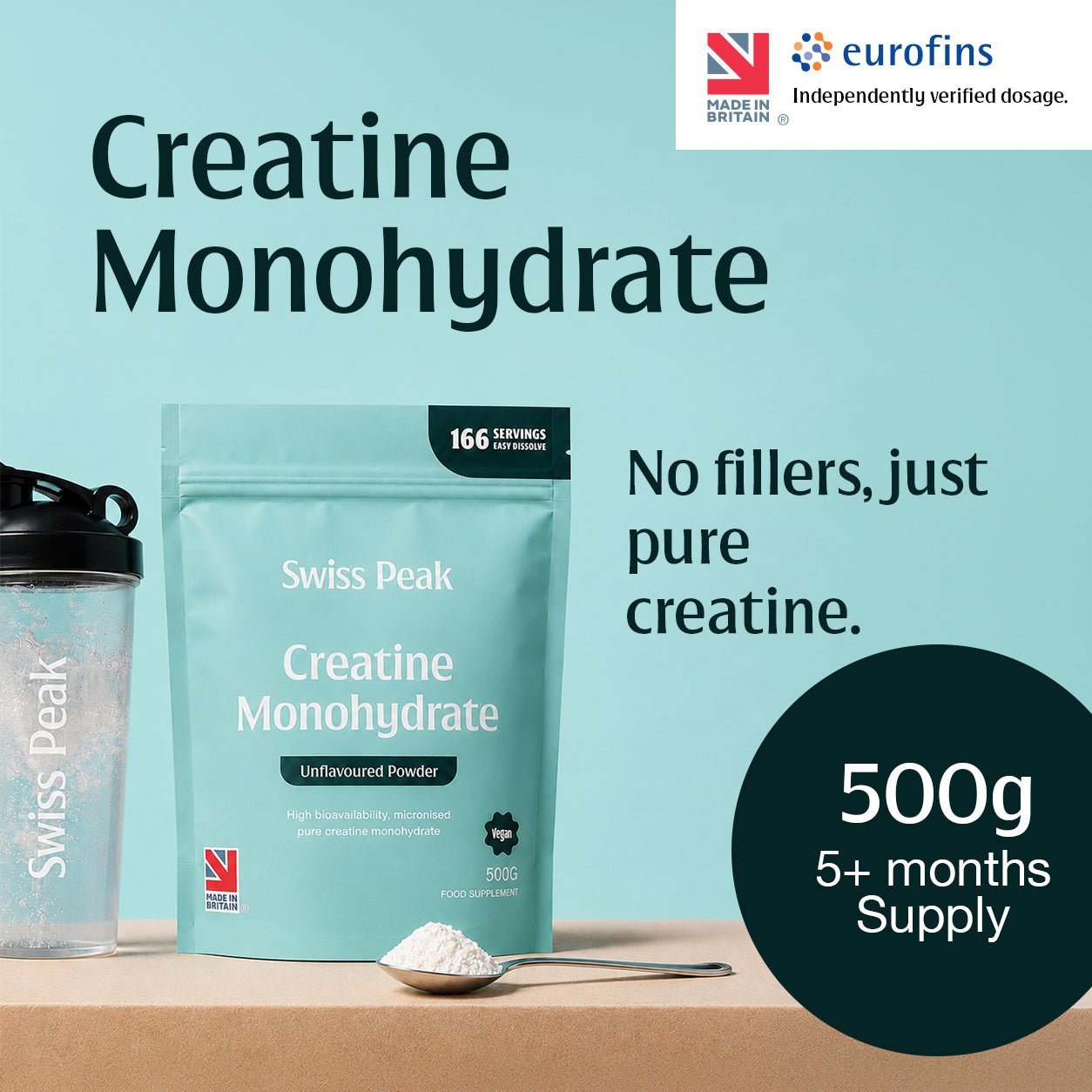 Micronised Creatine Monohydrate Powder 500g Unflavoured - Swiss Peak