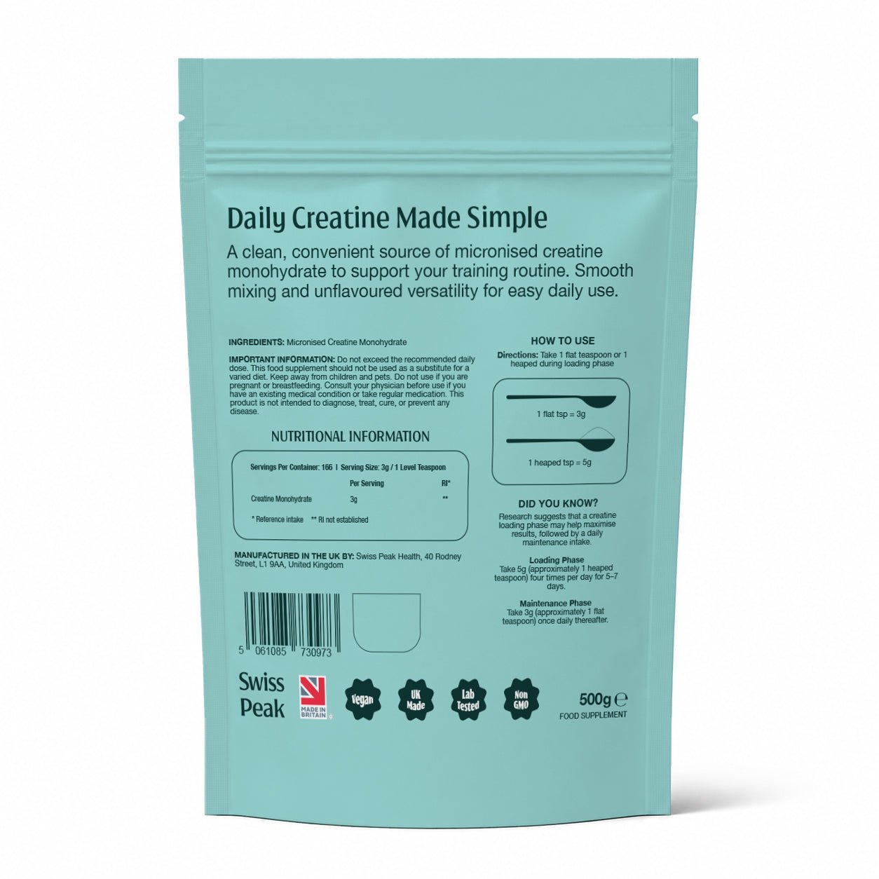 Micronised Creatine Monohydrate Powder 500g Unflavoured - Swiss Peak