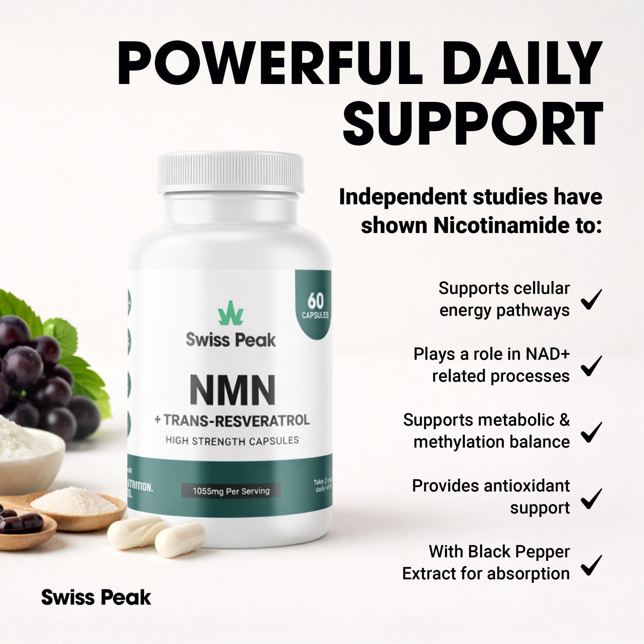 Nicotinamide Capsules with Trans - Resveratrol Vitamin B3 Supplement for Cellular Energy & Metabolism Support - Swiss Peak