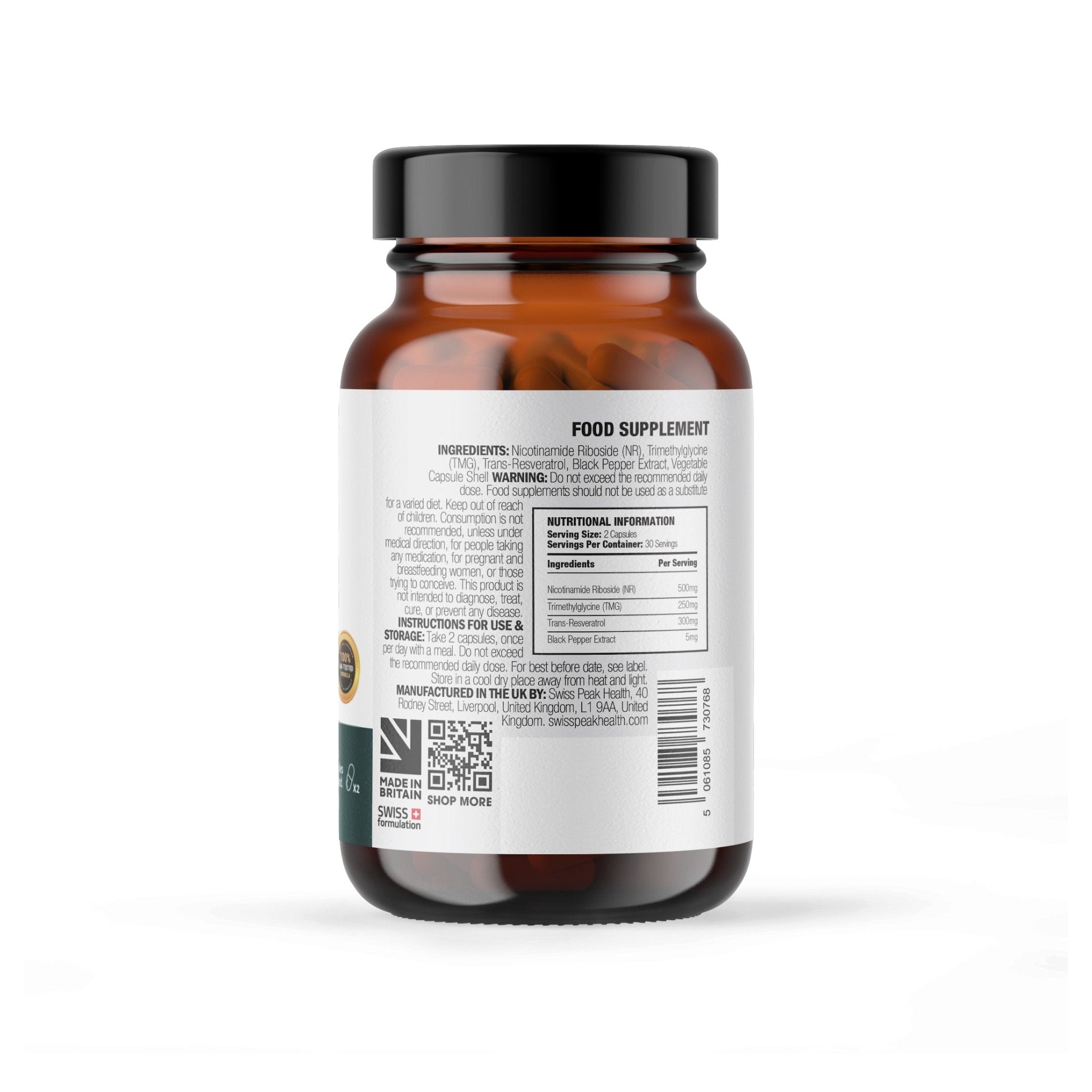 Nicotinamide Capsules with Trans - Resveratrol Vitamin B3 Supplement for Cellular Energy & Metabolism Support - Swiss Peak