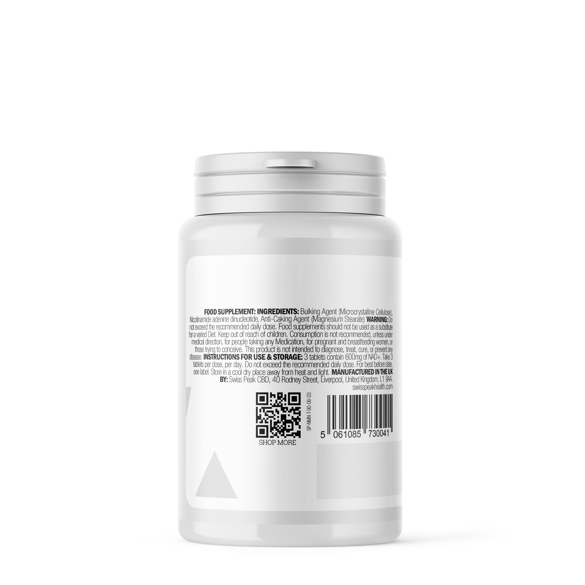 Back of pack showing ingredients for NAD+ Supplement (600mg per Serving) Cellular Repair & Energy Metabolism - Swiss Peak