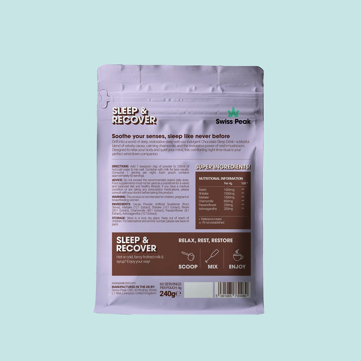 Official closer view of the Swiss Peak Sleep Mushroom Cacao Blend